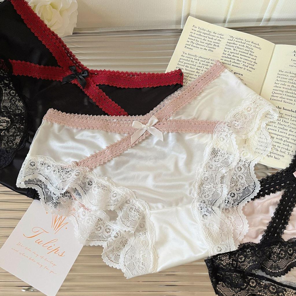 Heartfelt Intertwining Lace Panties: Women's Sexy Satin, Breathable, Pure Cotton Crotch, Mid-Rise Triangle Design