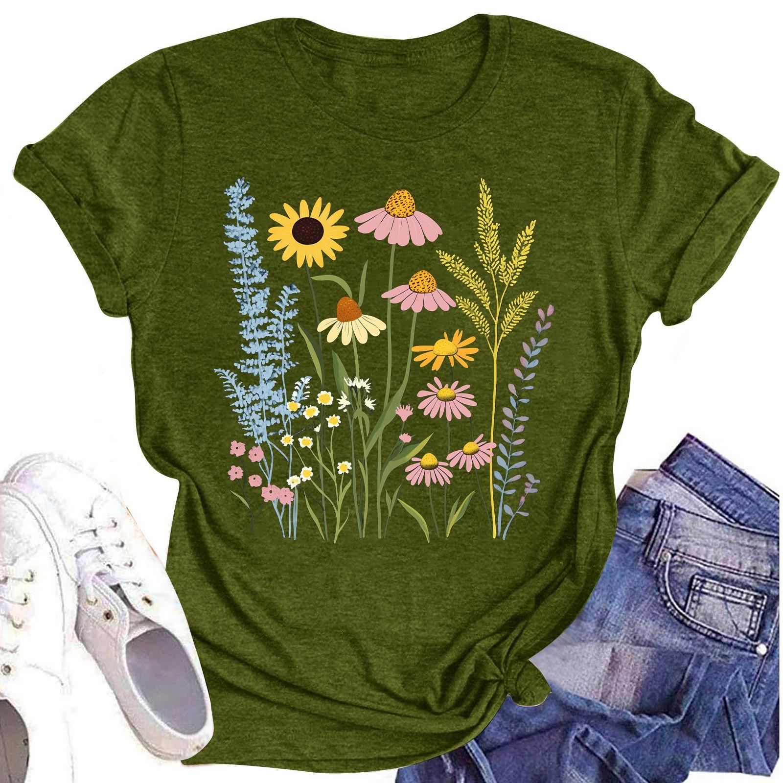 

Женская повседневная футболка с круглым вырезом и цветочным принтом, короткий рукав L армия зеленый
