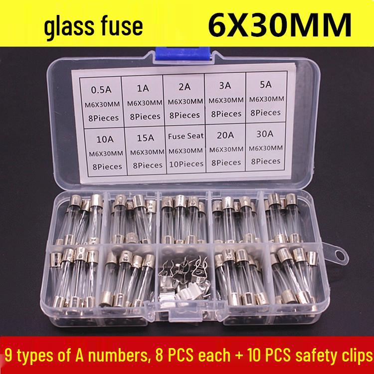 72-Piece Glass Fuse Set: 6x30mm, 0.5A-30A, 9 Types, 8 Each