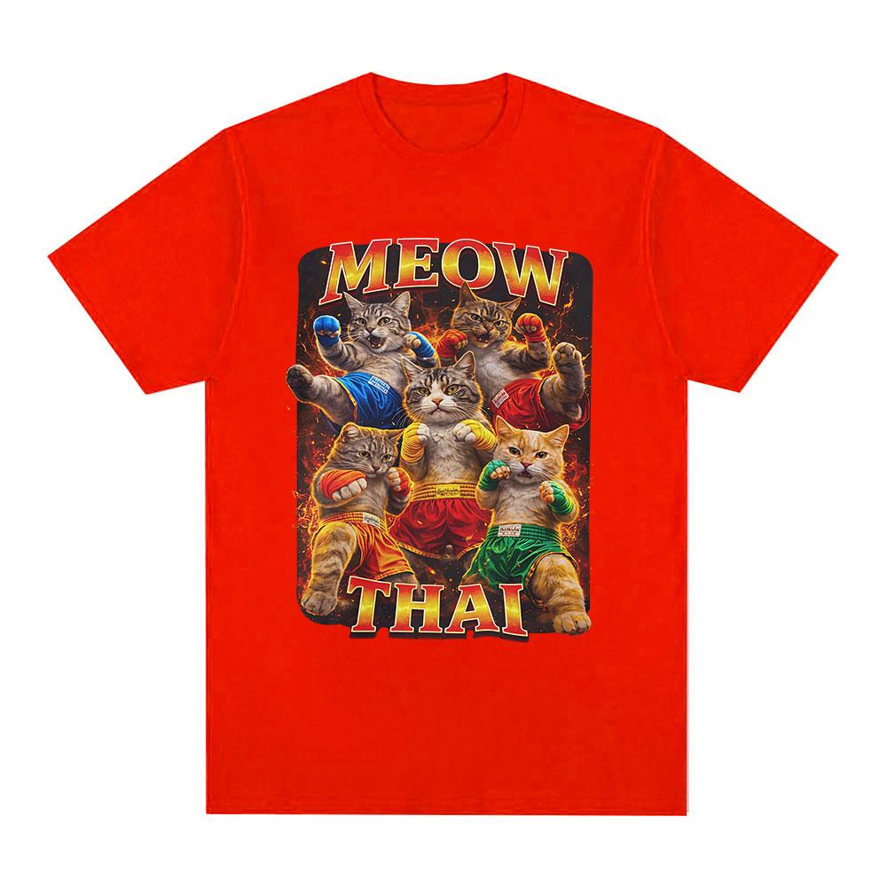 Meow Thai T-Shirt Muay Thai Katze Meme Ironisch Kampfsport Katze T-Shirts Herren Damen Sommer Mode Kurzarm Baumwolle T-Shirts