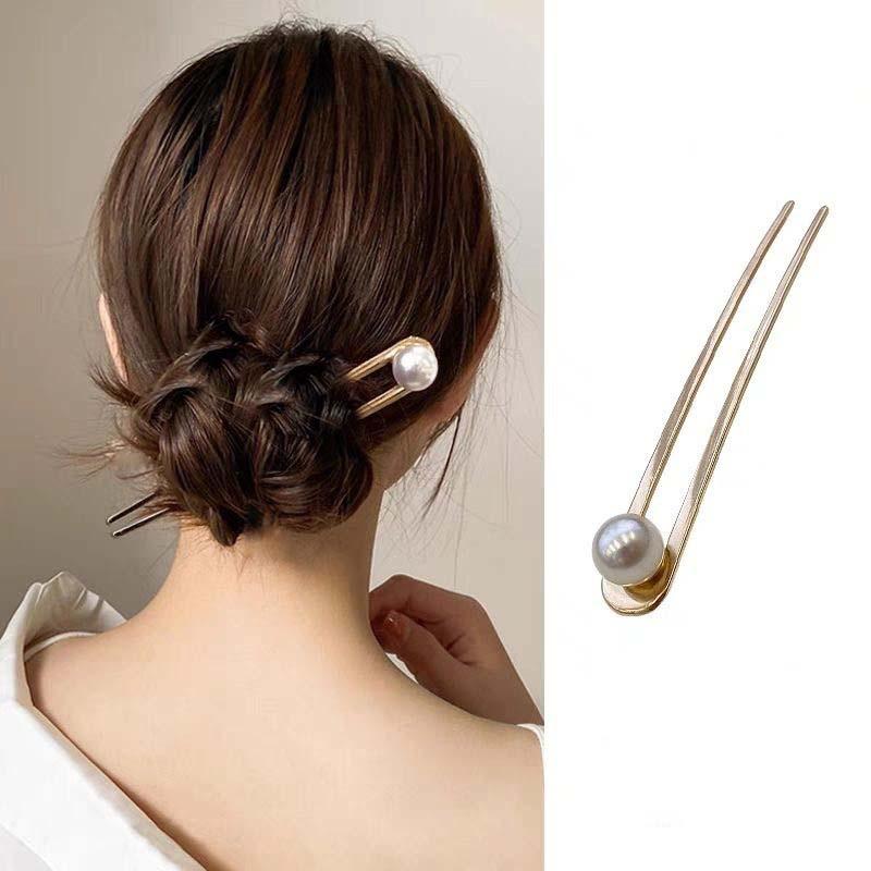 Einfache Imitationsperlen U-Form Haarstäbchen Elegante Metall-Haarnadeln für Damen Mädchen Mode Dutt Styling-Werkzeuge Haar-Accessoires