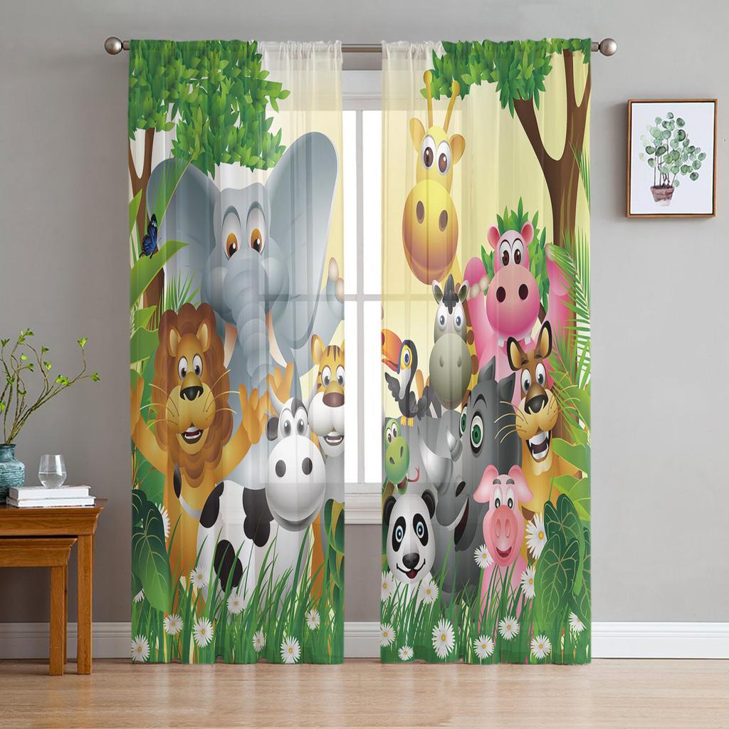 Tropical Jungle Cartoon Animal Giraffe Lion Elephant Tulle Curtain Voile Transparent for Bedroom Living Room Sheer Curtains