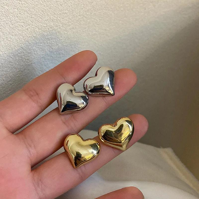 Gold Color Smooth Surface Love Heart Shaped Stud Earrings Women Minimalist  Girl Wedding Bridal Jewelry