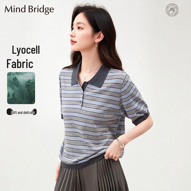 Mind Bridge Striped Tencel Blend Polo T-Shirt One Size F