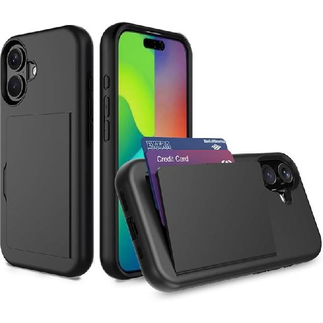 for iPhone 16 Case with Card Holder,Credit Card Slot Protective Wallet Case - Grey iPhone 16