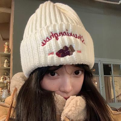 Embroidered Bear Knitted Hat Women's Autumn and Winter New Warm Versatile Cute Woolen Hat Ear Protection Cold Hat