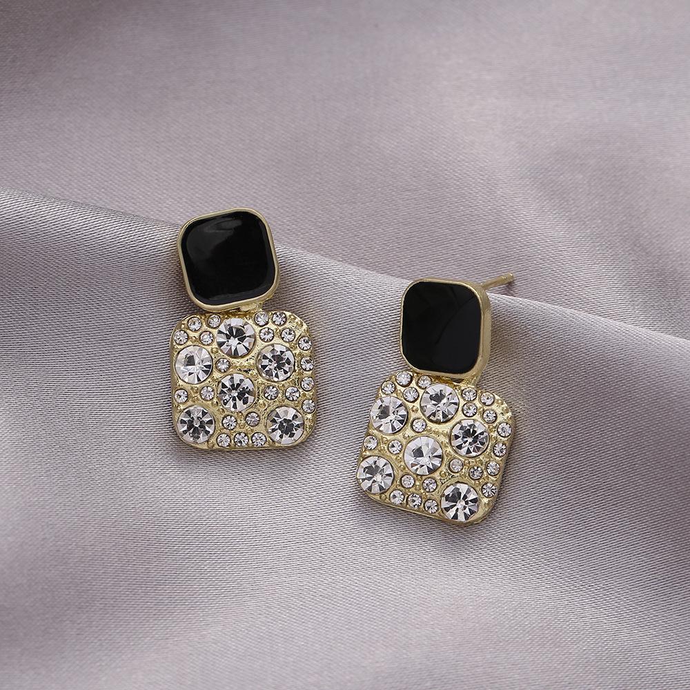 S925 Sterling Silver Geometric Square Stud Earrings with Full Diamond Korean Style - Trendy and Elegant Design for Women.