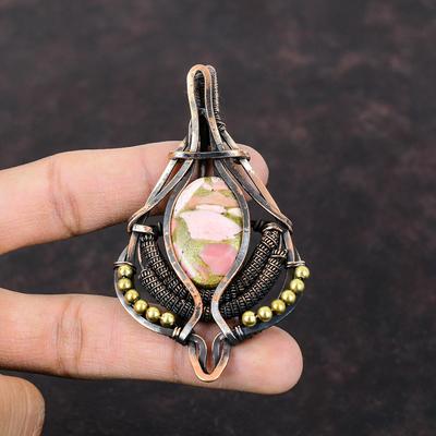 Copper Pink Opal Pendant Copper Wire Wrapped Jewelry Natural Gemstone Pendant Handmade Antique Jewelry Copper Wire Wrap Pendant Gift For Him