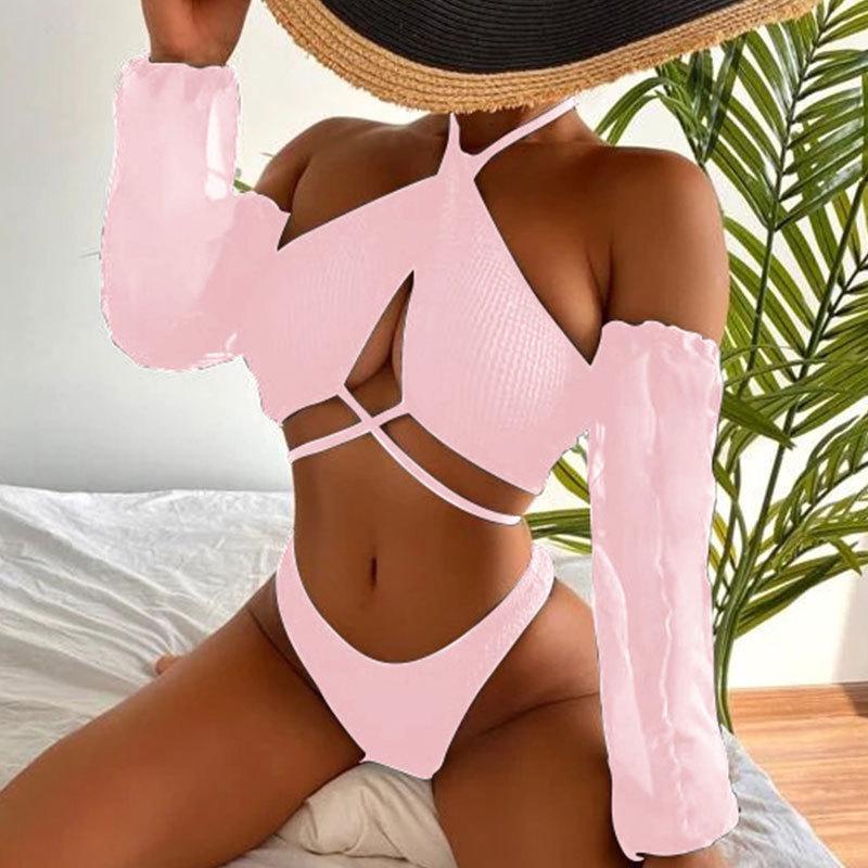 Damen Dreiteiliger Langarm-Bikini-Set - Gestreifter und Einfarbiger Badeanzug