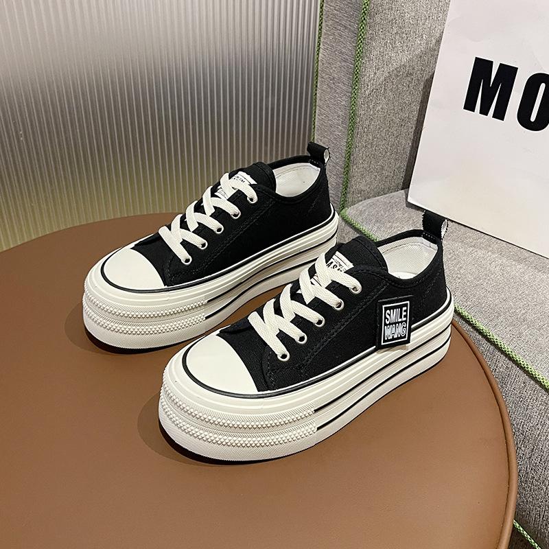 

Платформенные парусиновые туфли женские 2025 весна и лето новая корейская версия небольшое увеличение роста шнуровка низкий верх кеды популярные белые туфли 40 чёрный