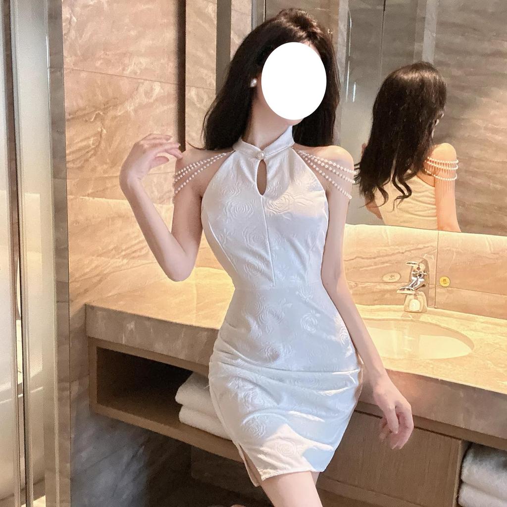 KLGIRL Cheongsam Dress with Mini Rose Slim Gothic Lolita Chinese Perfect for Photo and Parties Women's Fan, Dress, Print, Fit, Costume, Style, White,