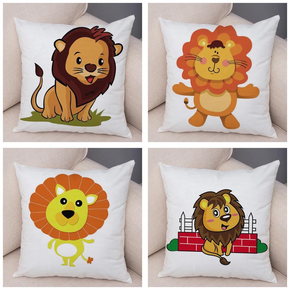 Short Plush 45*45 cm Cute Lion Pillow Case Cartoon Animal Square Cushion Cover for Sofa Home Decorative Printed Throw Pillowcase