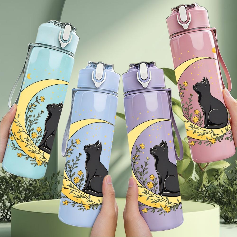 1PC Black Cat Moon Night Scene Print 750ml Color Plastic Sports Water Bottle Leakproof Flip Straw Lid Suitable for Sports Office Home Use