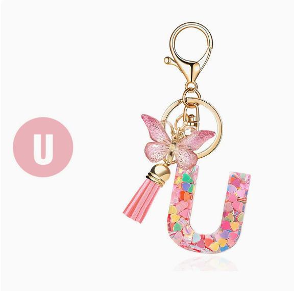 Glitter Resin 26 Letters Keychain with Butterfly Tassel for Women Gift