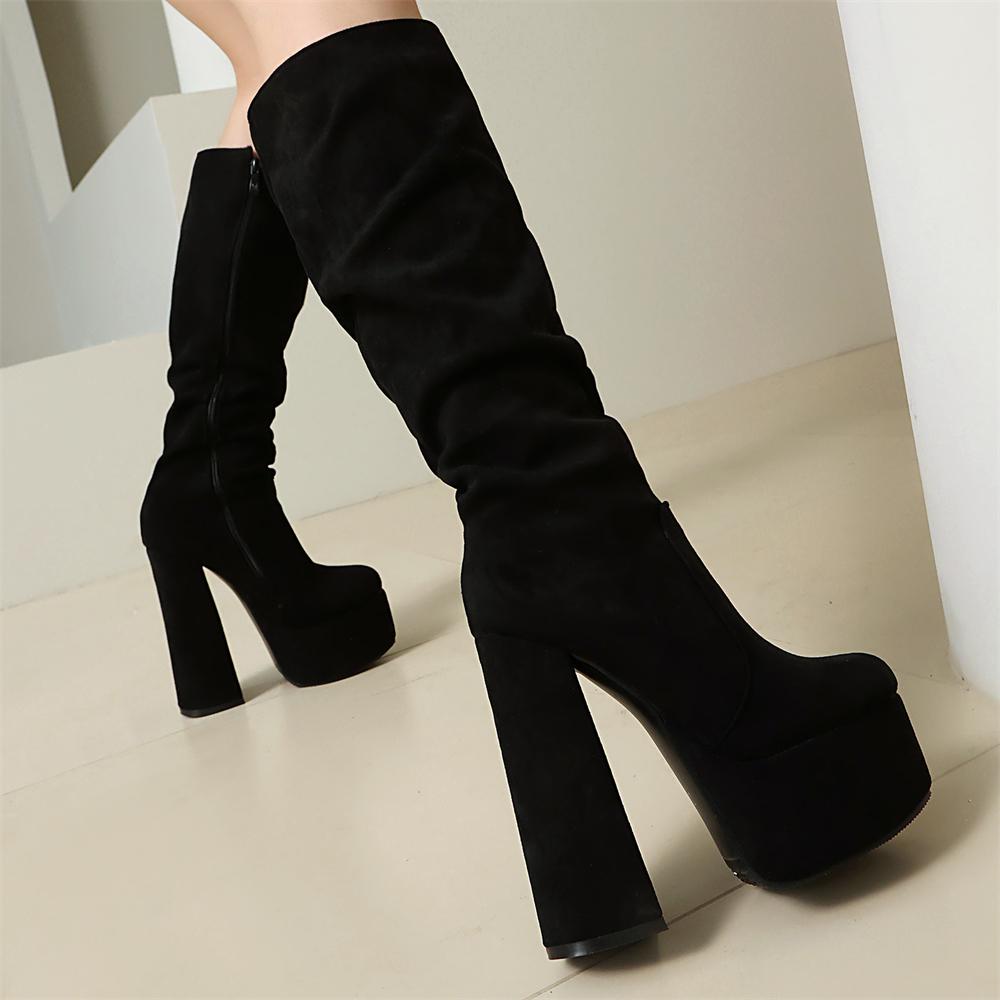 Ultra Thick Heel Knee High Boots Frosted Suede Leather Side Zipper Long Tube Platform New Size 35-47 Flocked Fashion Footwear