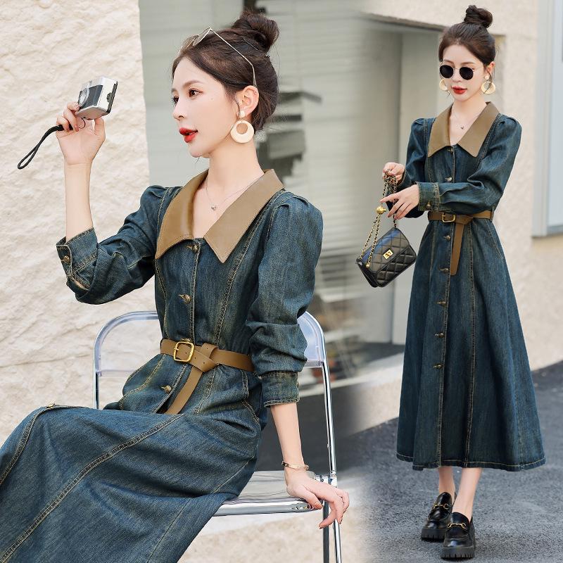 Autumn 2023 Retro Denim A-line Dress: Women's Long Sleeve, Waist-Slimming, Medium Length, Lapel Style