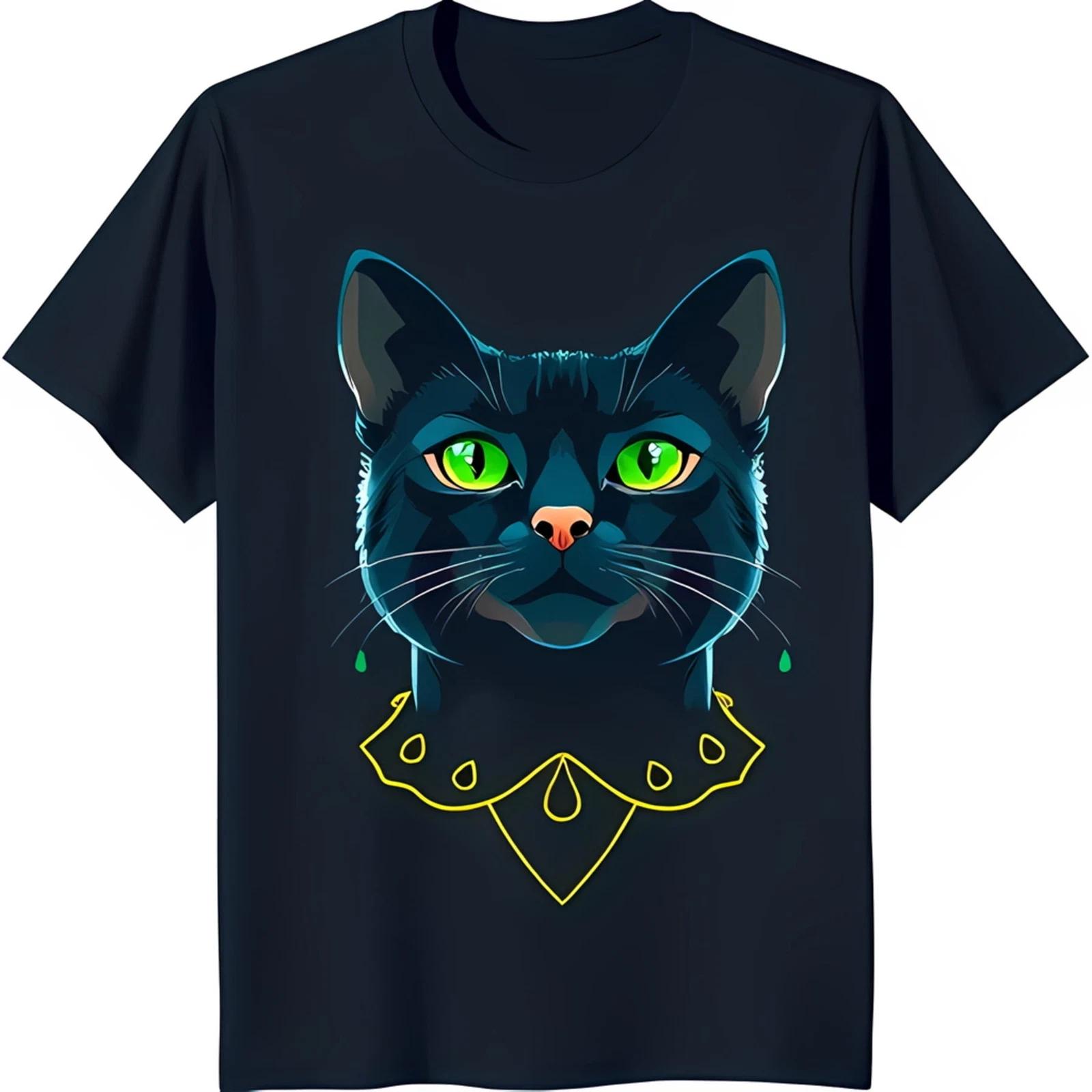 Stylish Black Cat T-Shirt – Bold Black Cat Graphic with Green Eyes Design Tee M
