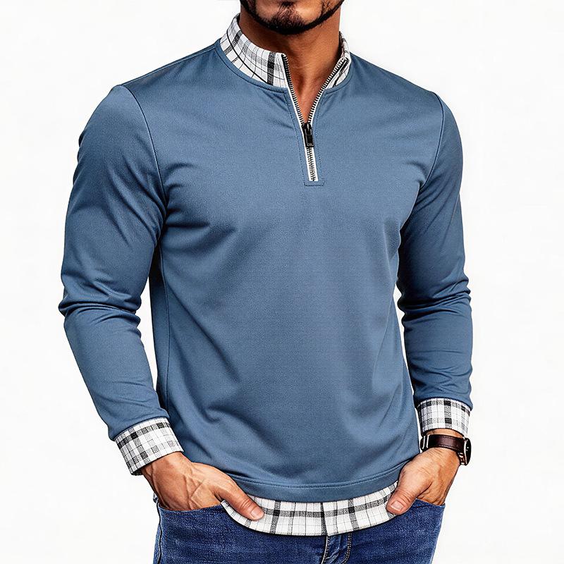 Men Casual 1/3 Zip Mock Neck Long Sleeve Shirt Loose Fit Plaid Patchwork Sportswear Layered Look Pullover Top L