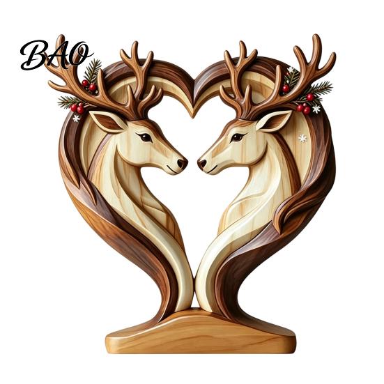 Hand Polished Wood Decor Wooden Animal Ornament with Stable Base, Double Layer Carved Figurine, Rustic Crafts for Office Heart Shape Sculpture