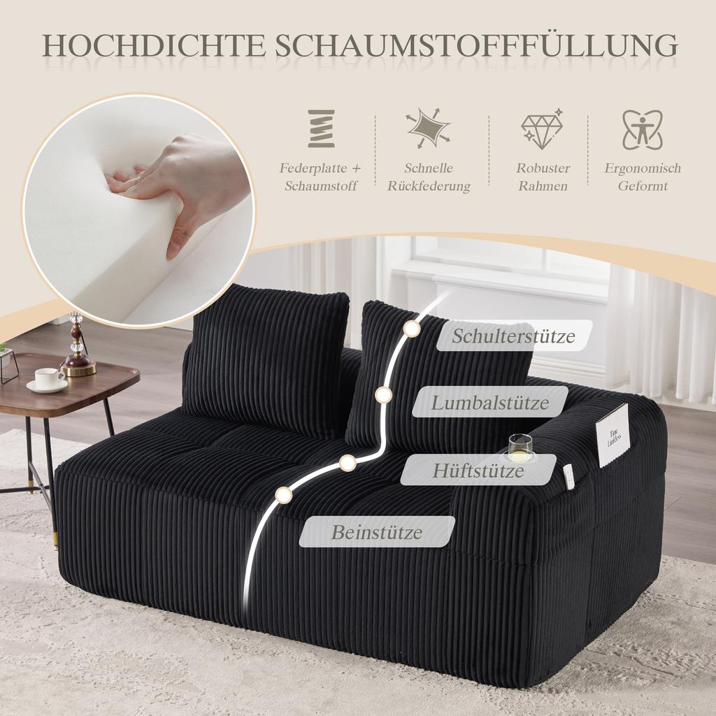 Cozy Corduroy Two-Seater Sofa – No Assembly, Soft Back Cushions, Side Storage Pocket for Remote Control and Phone, Cup Holder – Neat and Aesthetic.