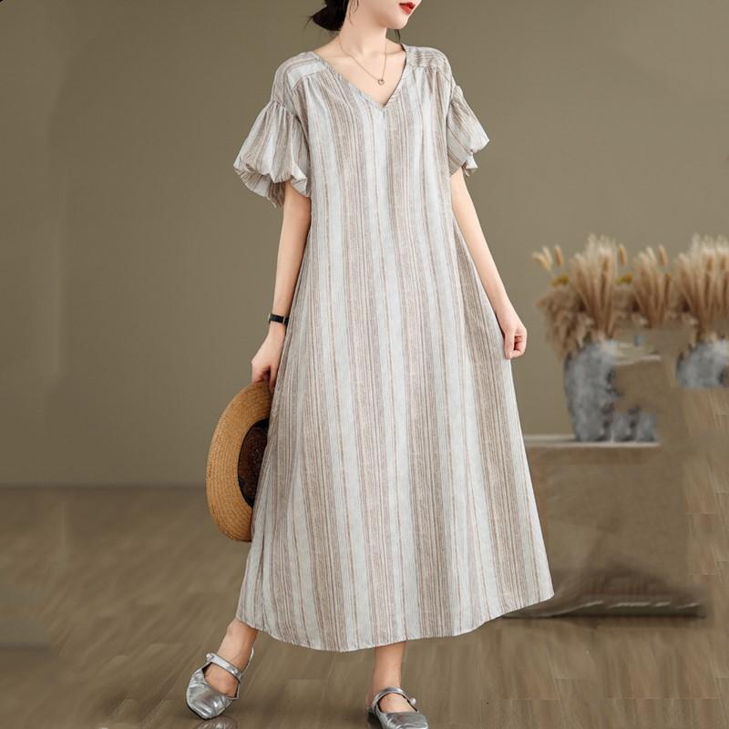 

Новое платье в винтажную полоску с коротким рукавом больших размеров для женщин, повседневное свободное длинное летнее платье хаки