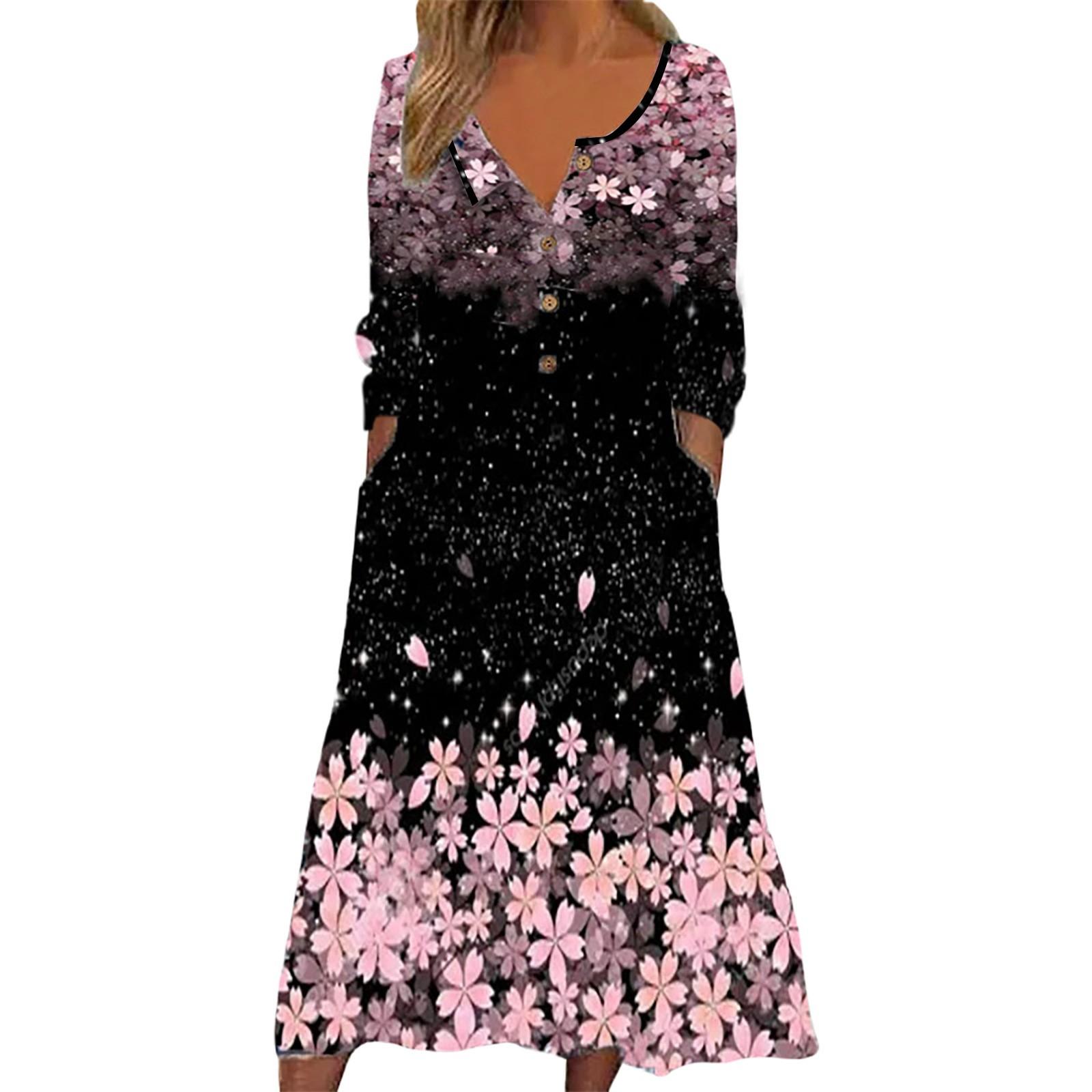 

Ladies Casual Fashion Printed Round Neck Button Long Sleeve Dress With Pockets XXL чёрный