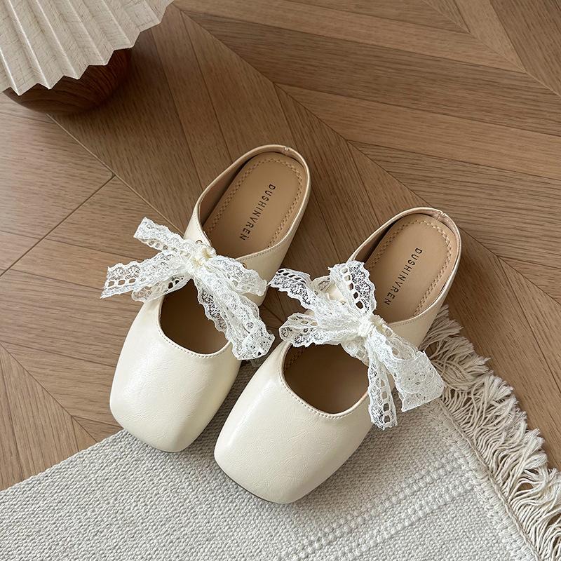 

Flat bottom gentle fairy wind soft bottom bag head slippers female 2025 summer square head French lace bow half slippers 40
