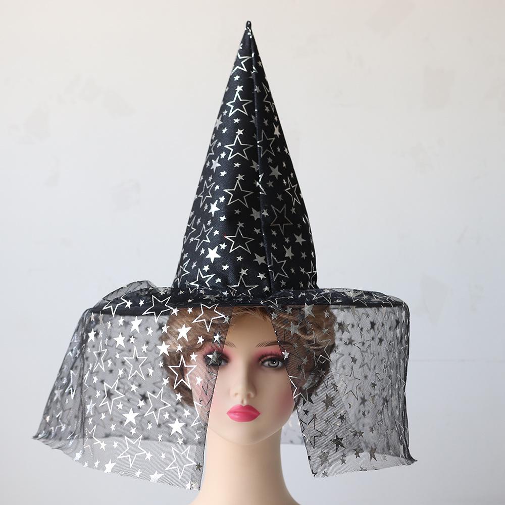 Halloween Witch Hat with Mesh, Rose, Feather, Pumpkin, and Star Design
