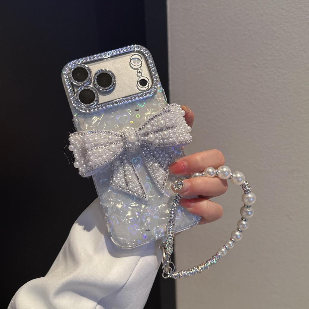 Porous Love Shell Pattern Phone Case for Apple 17PROMAX/15, Material 11/14, with Bow Accessory.