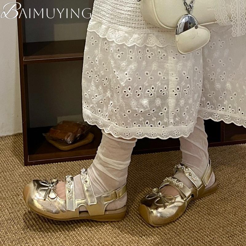 Bow Women Flats Square Toe Sandals Beaded Casual New Shoes 2025 Summer Trend Slingback Woman Slippers Sandalias De Mujer