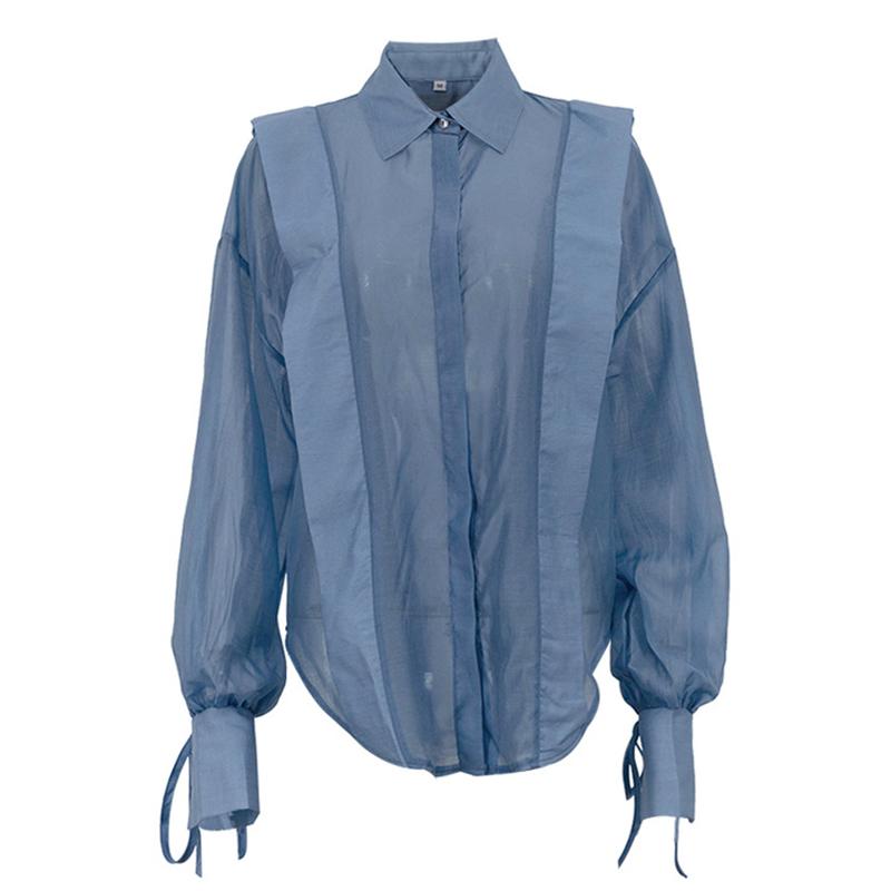 

Однотонная прозрачная женская рубашка для повседневной носки с лацканами, длинным рукавом, на одной пуговице, на шнуровке, женская блузка 2025 года, весна-лето, элегантный офисный женский топ L синий