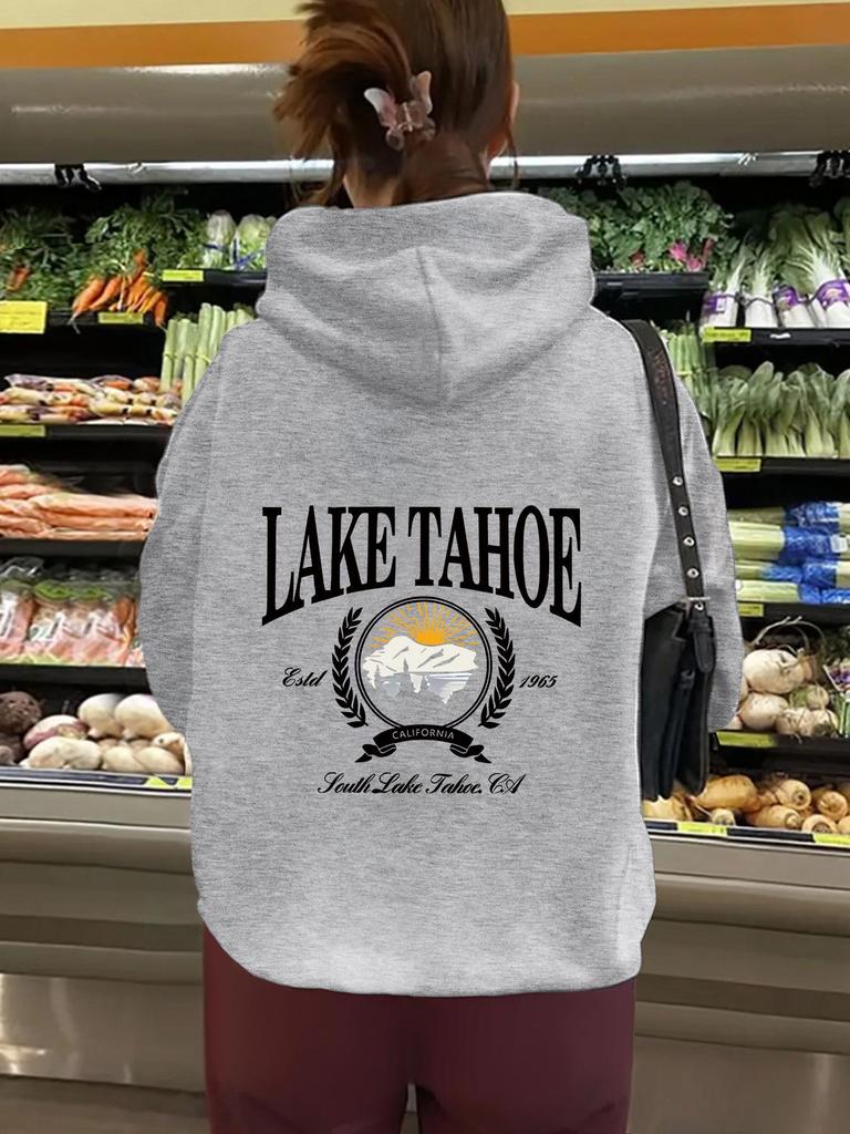 European and American Women's Hooded Long Sleeve Sweatshirt with Velvet and LAKE Print - Autumn and Winter Collection