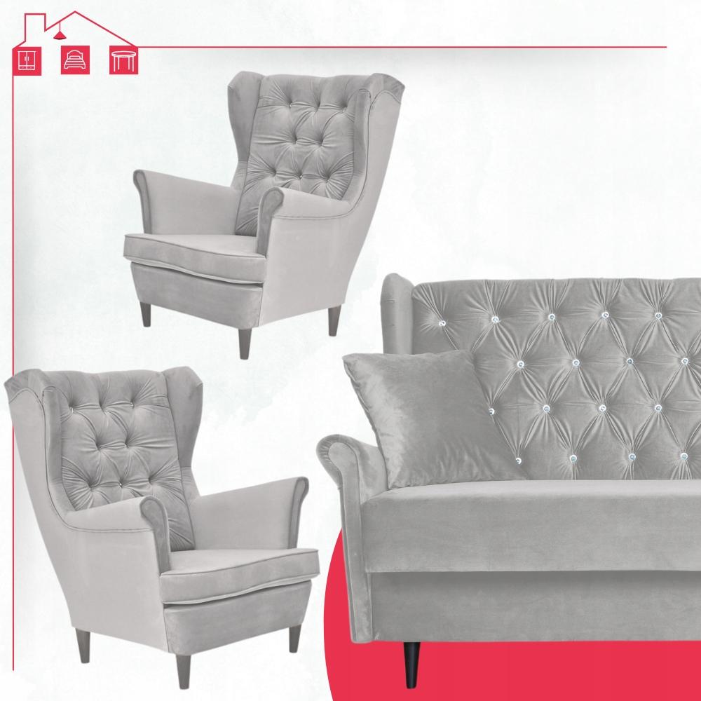Zestaw wypoczynkowy welurowy komplet 2 fotele wersalka SZARY Family Meble