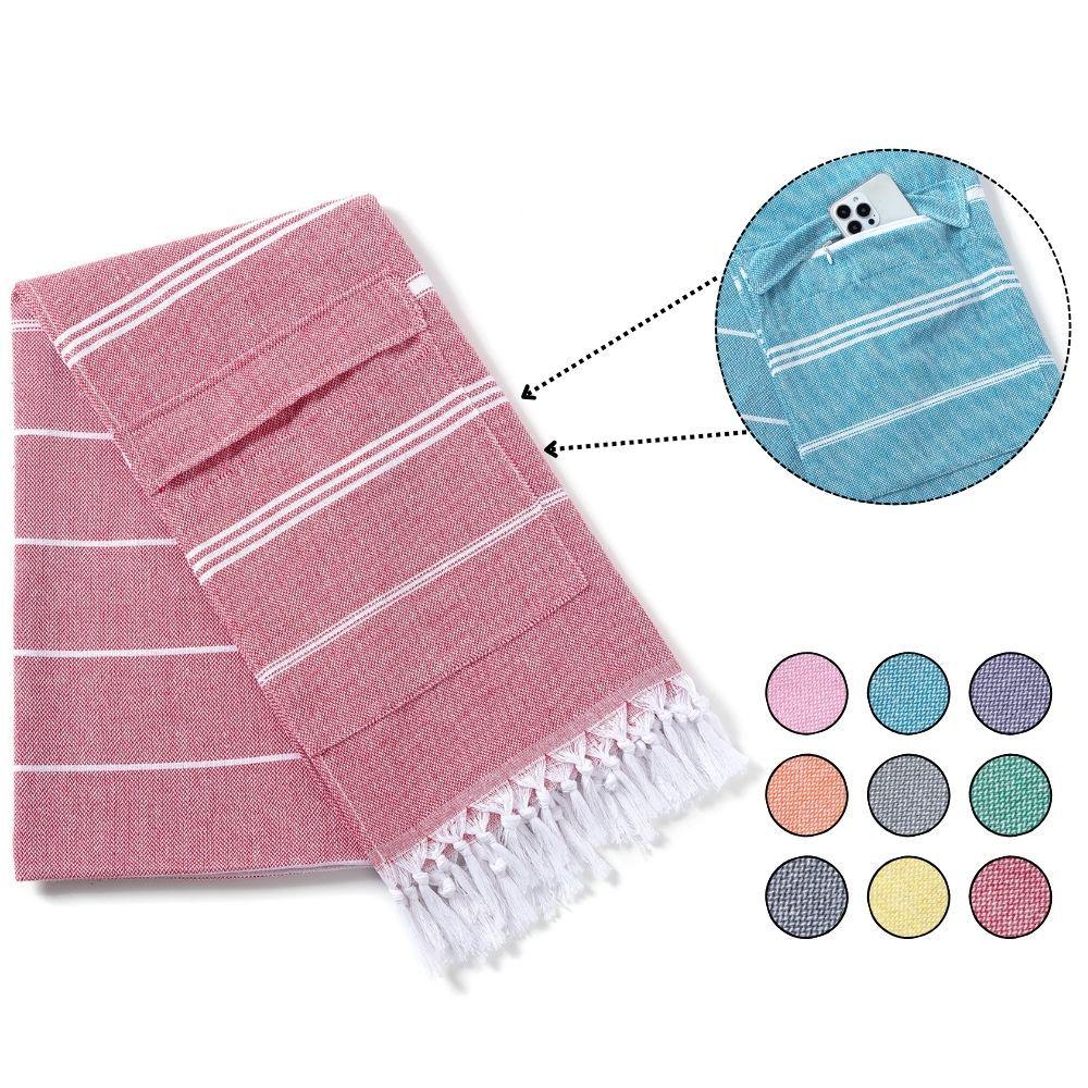 Cotton Striped Tassel Beach Towel with Invisible Zipper Pocket - Quick Dry & Absorbent