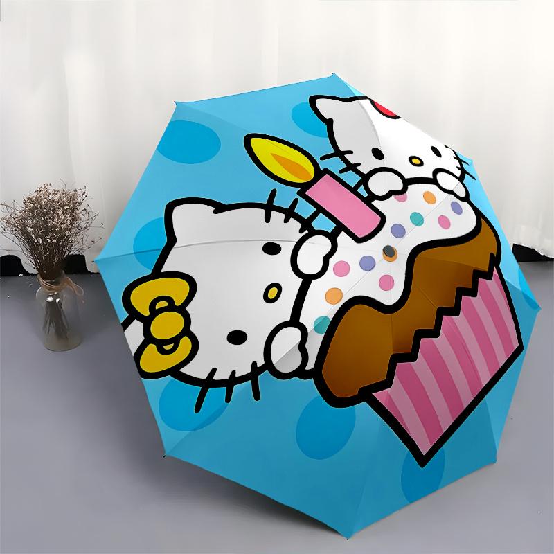 Hello Kitty, Birthday Automatic Open/Close Umbrella-Cute Umbrella with Cute Design, Portable 3-Fold Compact Umbrella for Men & Women, Hallow