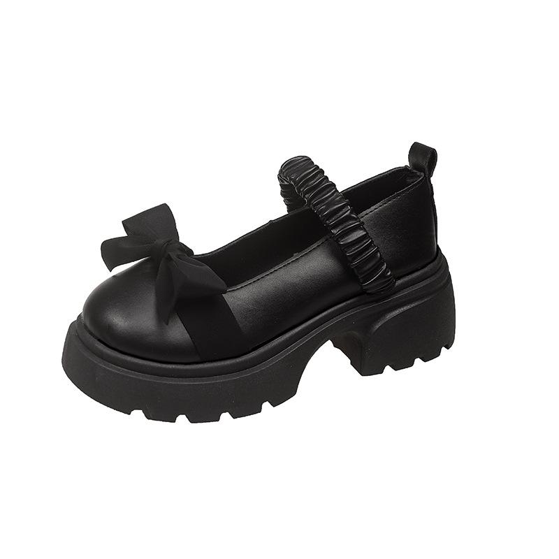 Bow high heel with skirt French single shoes women's 2025 autumn new thick heel thick sole Mary Jane small leather shoes