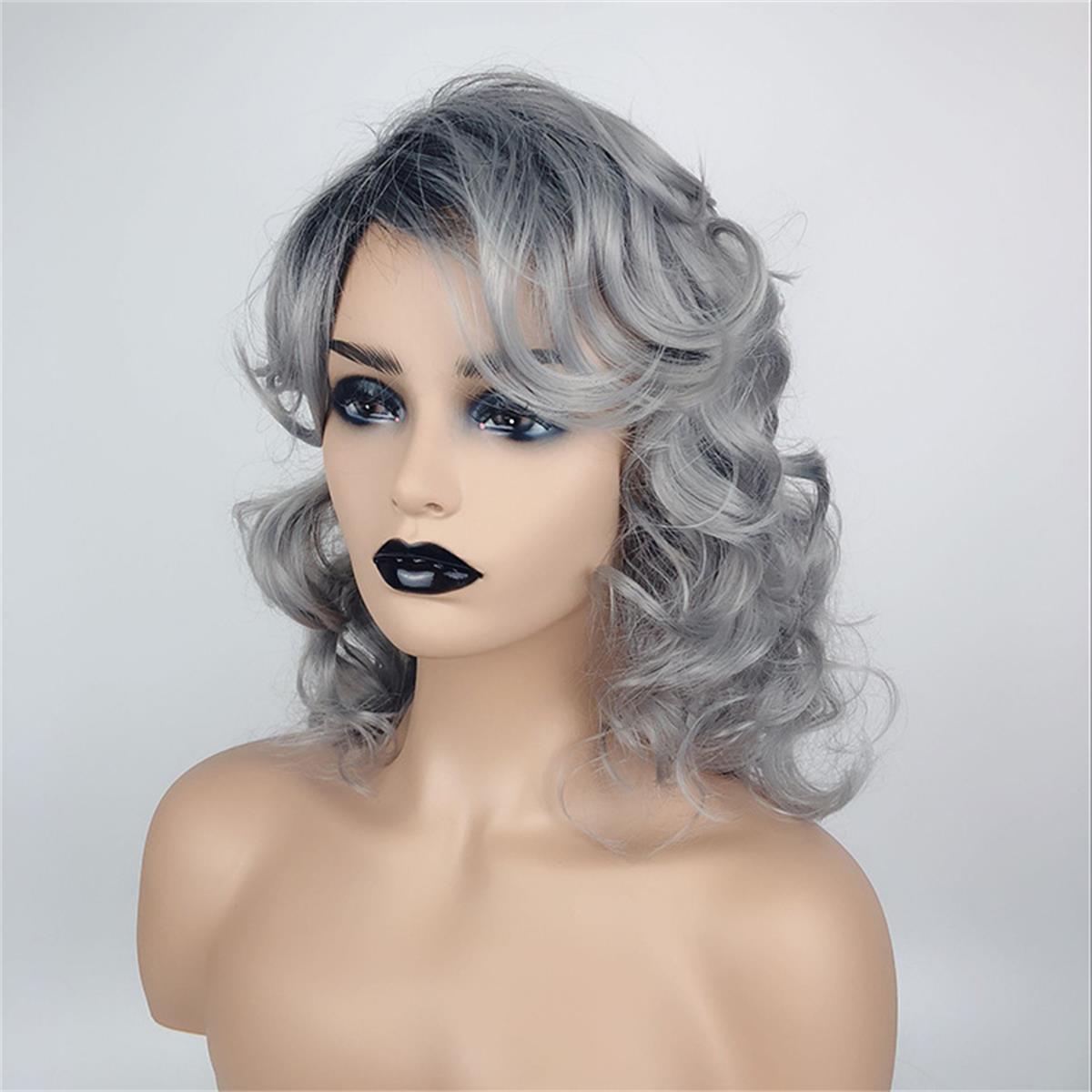 

Grandma Grey Short Roll Synthetic Hair Wig for Women Chemical Fiber Festival Party Halloween Costume Gift