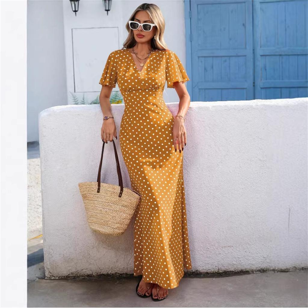 Women's Fashionable Casual V-Neck Backless Polka Dot Long Dress