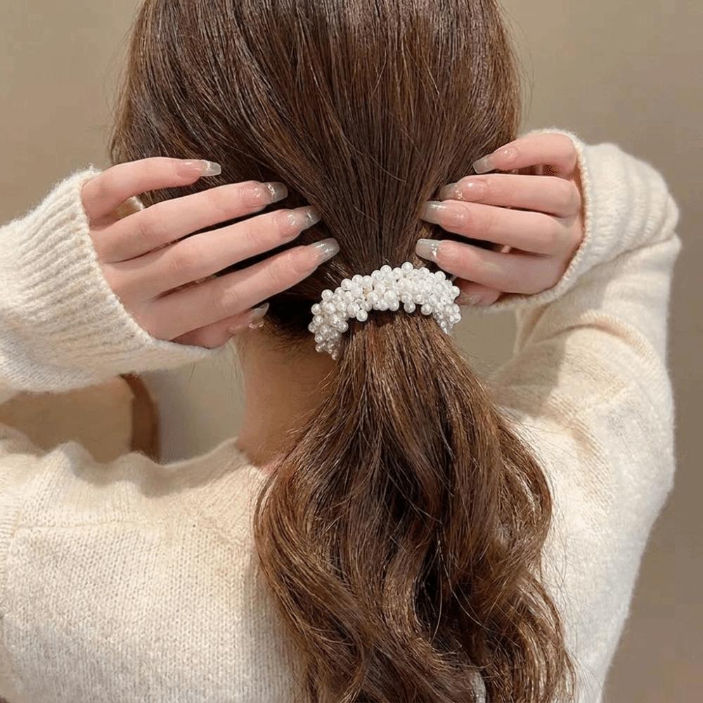 Beaded Faux Pearl Hair Ties Hand-Woven Hair Accessories Decorative Elastic Hair Rope Party