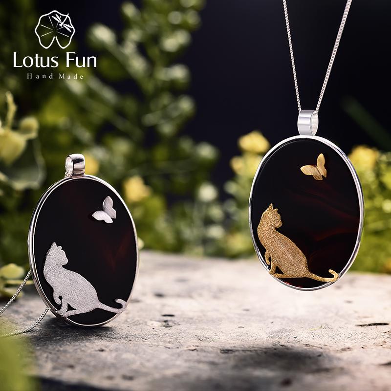 

Подвеска Lotus Fun Cat and Butterfly из стерлингового серебра 925 пробы с тонким агатом без ожерелья для женщин