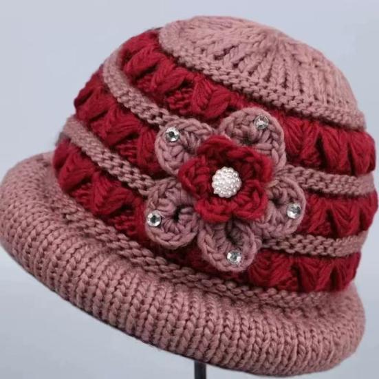 Winter Basin Hat Floral Design Soft Velvet Thermal Insulation Middle-Aged Elderly Women Knitting Hat Headwear