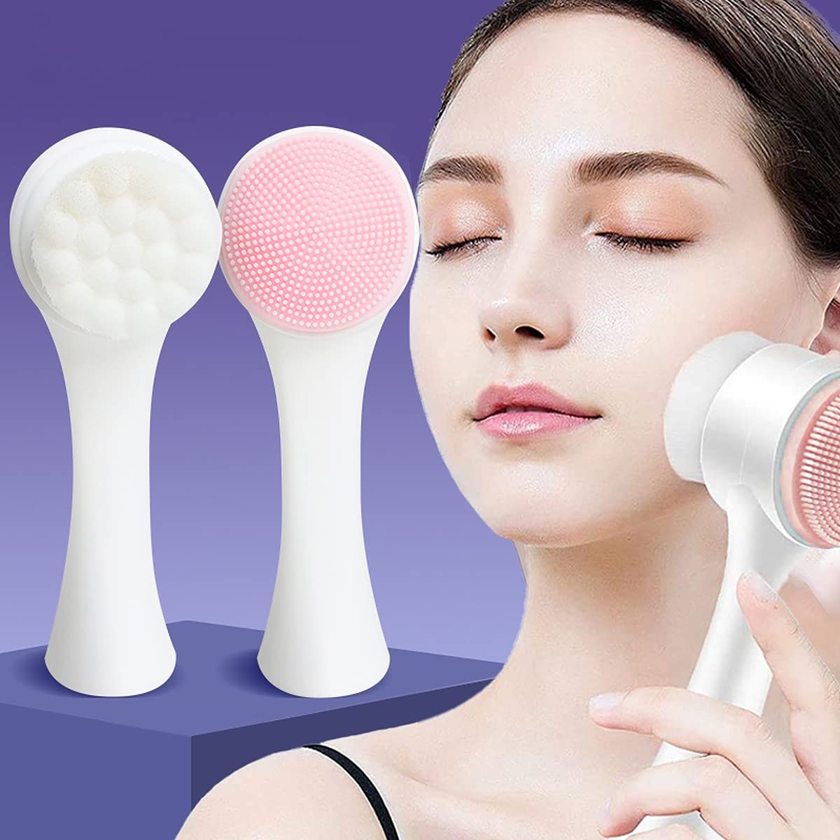 Wolpin Facial Cleaning Brush Double Sided Deep Pore Cleaning Manual 2-in-1 Face Cleansing Exfoliating Brush Facial Wash Massage Soft Silicone Scrub