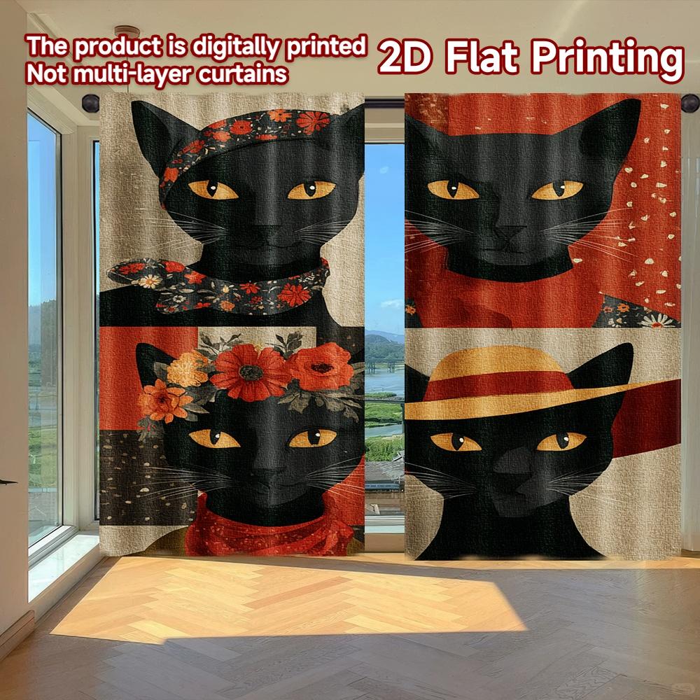 

Flat Printing Curtains Without Rod Halloween Black Cats Holiday New Year Printed Prints Semi Sheer Set Of 2 Made Polyester W100*H70(CM)-Rod Pocket&1PCS