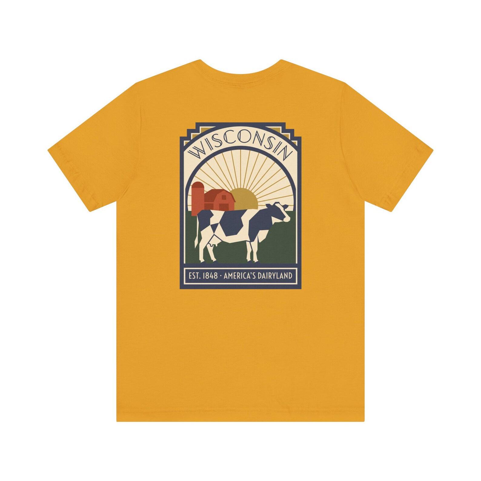Wisconsin Dairy Cow Art Deco T-Shirt | Retro Dairyland State Farm Graphic Tee | Wisconsin Gift 4XL