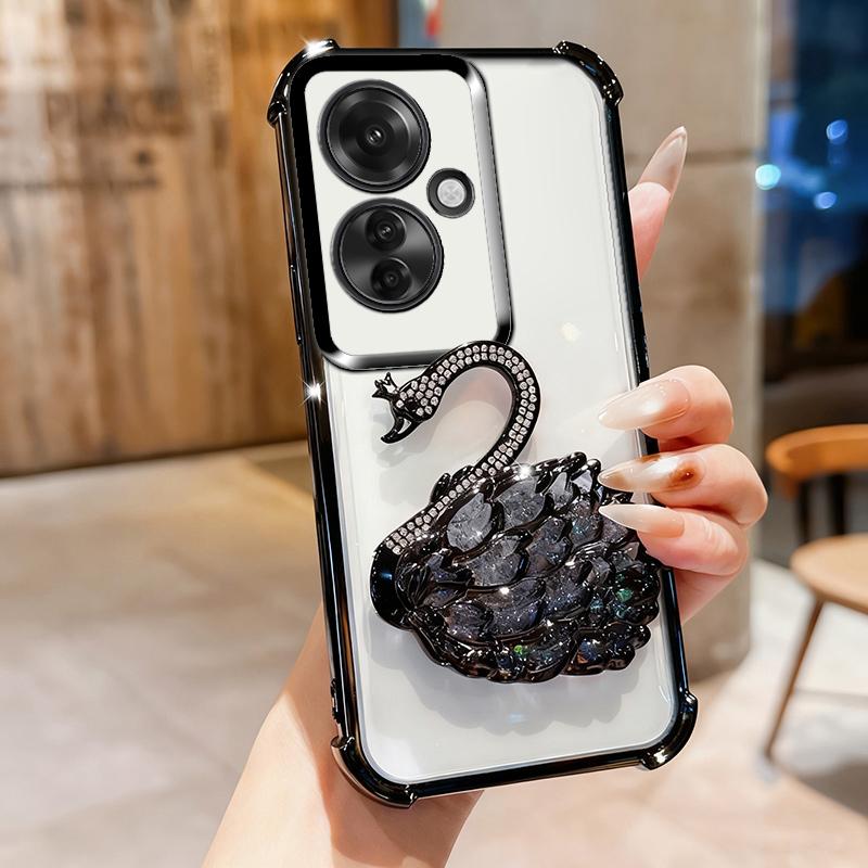 KEYSION Shockproof Plating Phone Case for OPPO Reno11 F 5G Clear TPU Glitter Jewelled Swan Kickstand Back Cover for OPPO Reno11F 5G