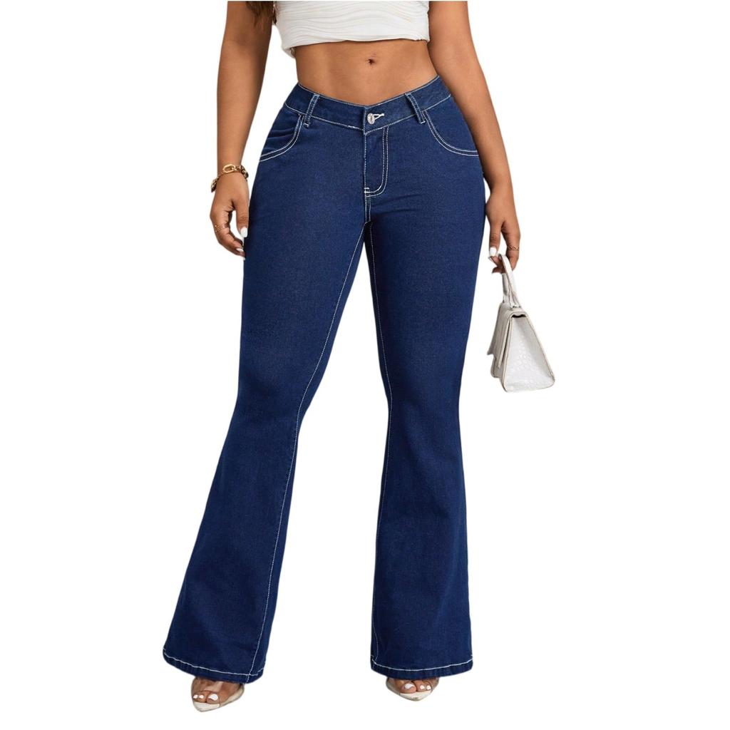 Women's Fashionable Casual Micro Flared With Frayed Edges And Double Button Jeans