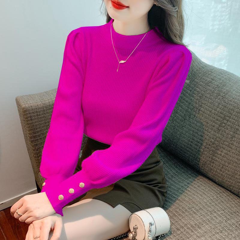 Fashion Autumn Winter Women Sweaters Solid O-Neck Slim Puff Long Sleeve Female Clothing Rose Pink Knitted Casual Pullover Tops