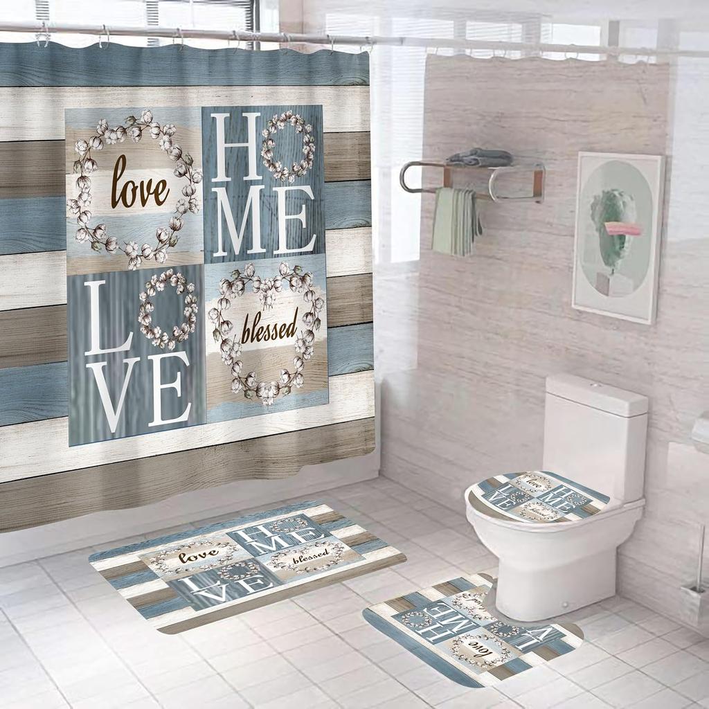 4PCS Rustic Floral Flower Sweet Love Home Fabric Shower Curtain Set, with Non-Slip Rugs, Toilet Lid Cover and Bath Mat Farmhouse Country Vintage Wood