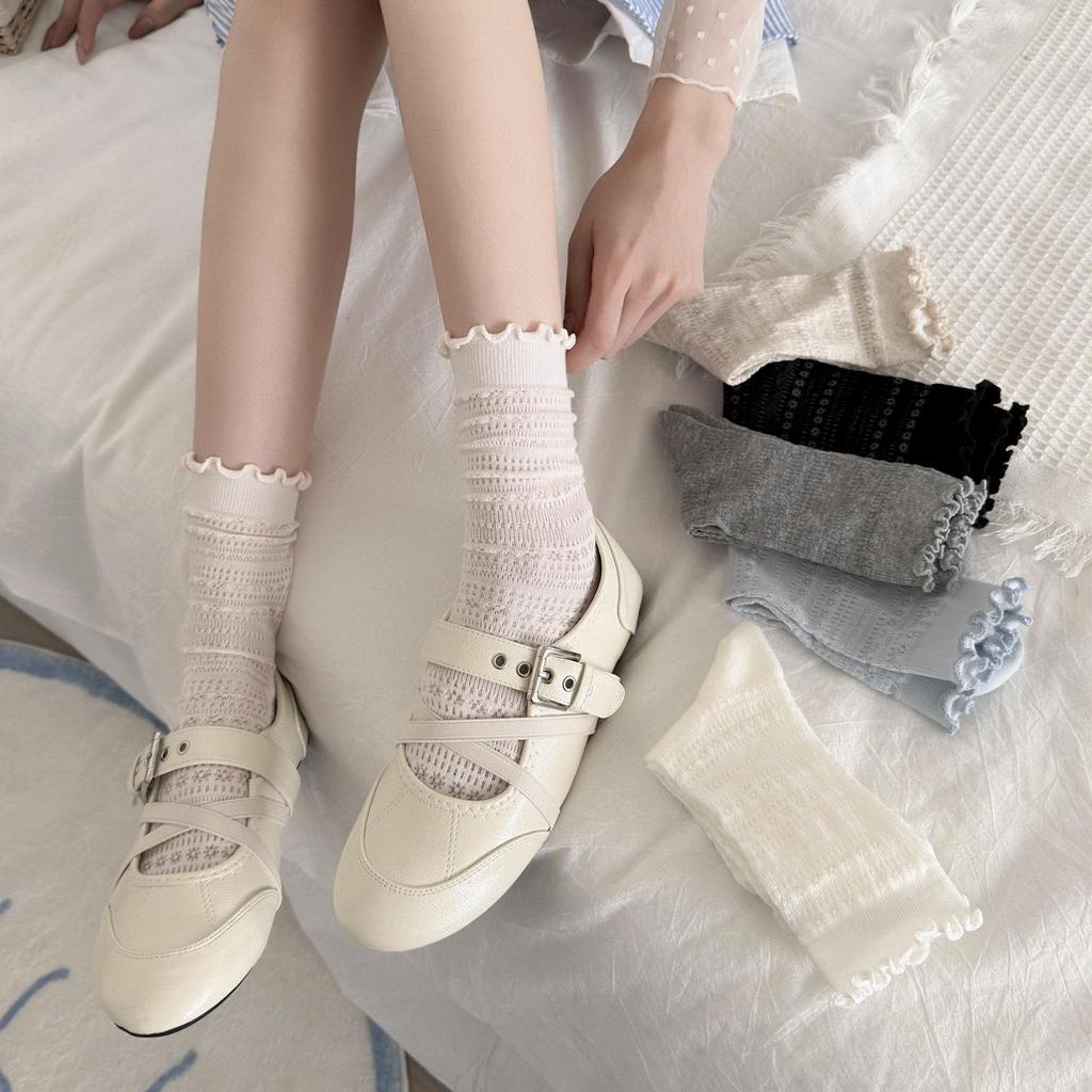 Ballet-Style Lace Mid-Calf Cotton Socks for Women - Trendy Korean/Japanese Design, Hollow Breathable, Perfect for Spring and Autumn