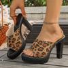 Women's Leopard Platform Block Heel Sandals Peep Toe Casual Party Footwear Fashion Slip-On Slippers Pu Leather Black/White